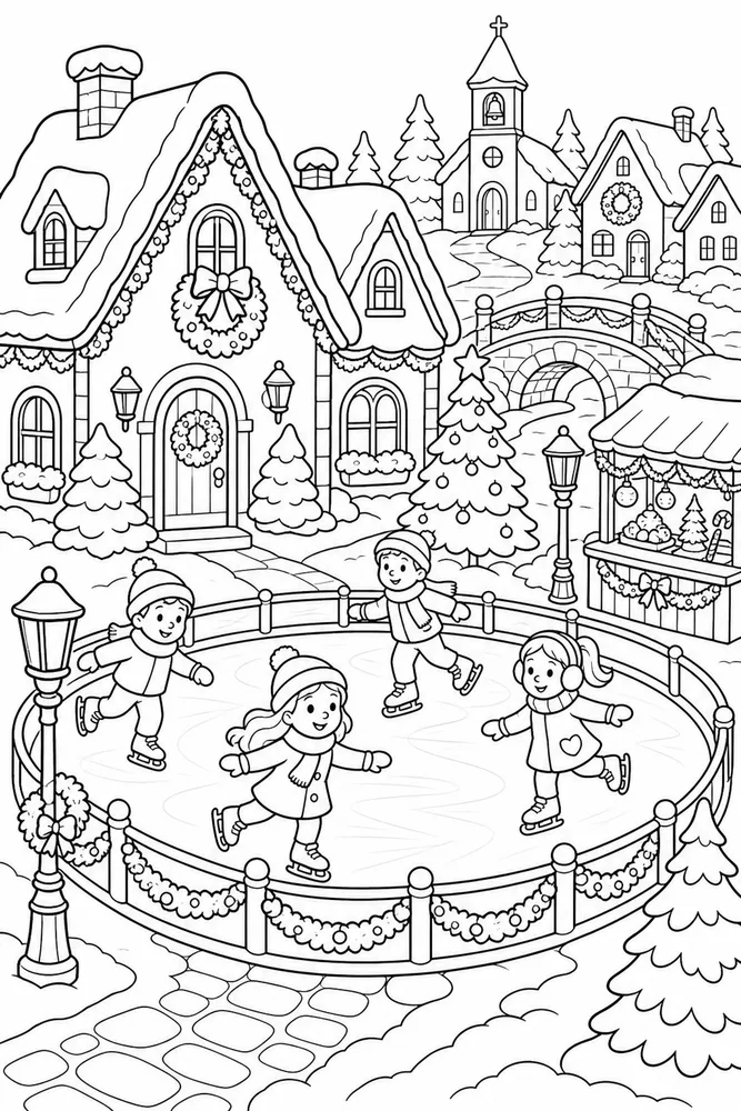 Christmas Village Ice Rink Beside Cottages printable coloring page