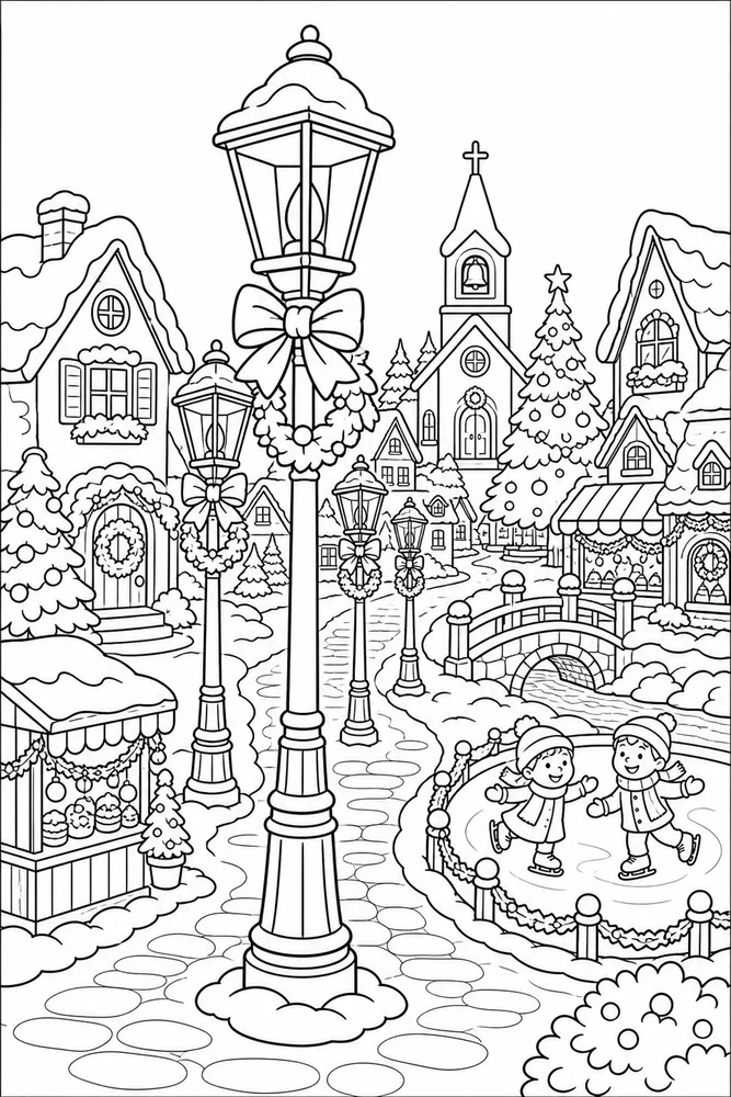 Christmas Village Lamp Post Lane in Snow printable coloring page