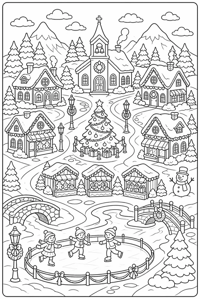 Christmas Village Panoramic Christmas Village Map printable coloring page