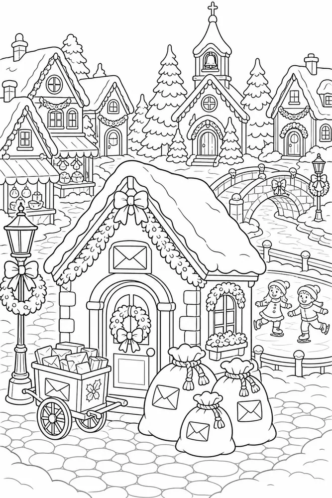 Christmas Village Post Office with Mail Sacks printable coloring page