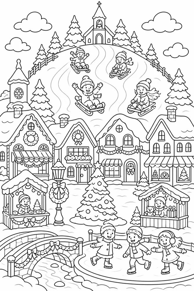 Christmas Village Sledding Hill Behind Cottages printable coloring page
