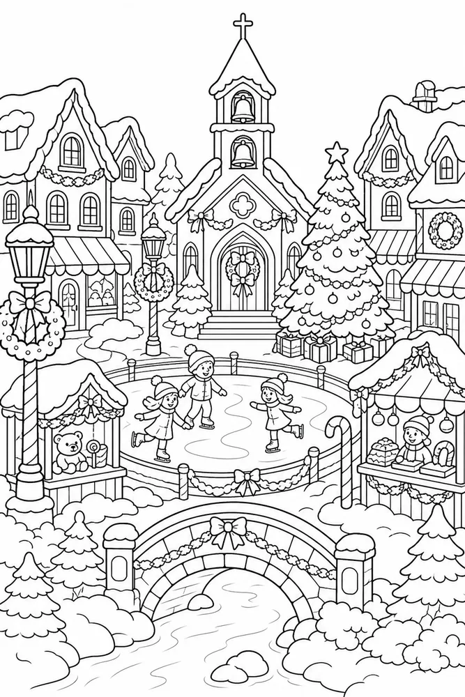 Christmas Village Snowy Village Main Street printable coloring page