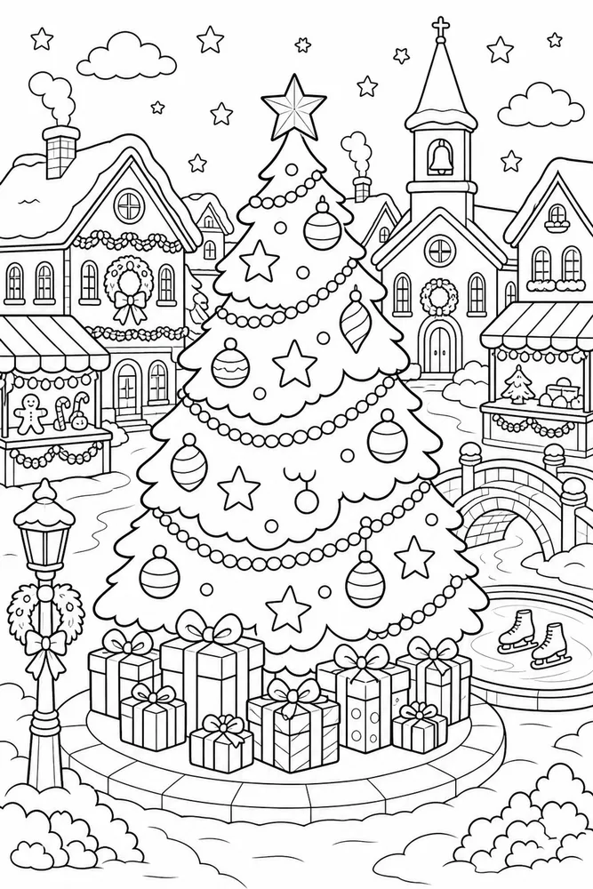 Christmas Village Town Square Christmas Tree printable coloring page
