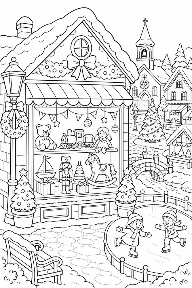 Christmas Village Toy Shop Window Display printable coloring page