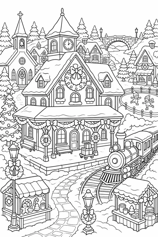 Christmas Village Train Station with Wreaths printable coloring page