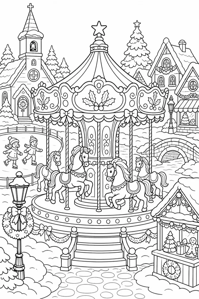 Christmas Village Village Carousel in Winter printable coloring page