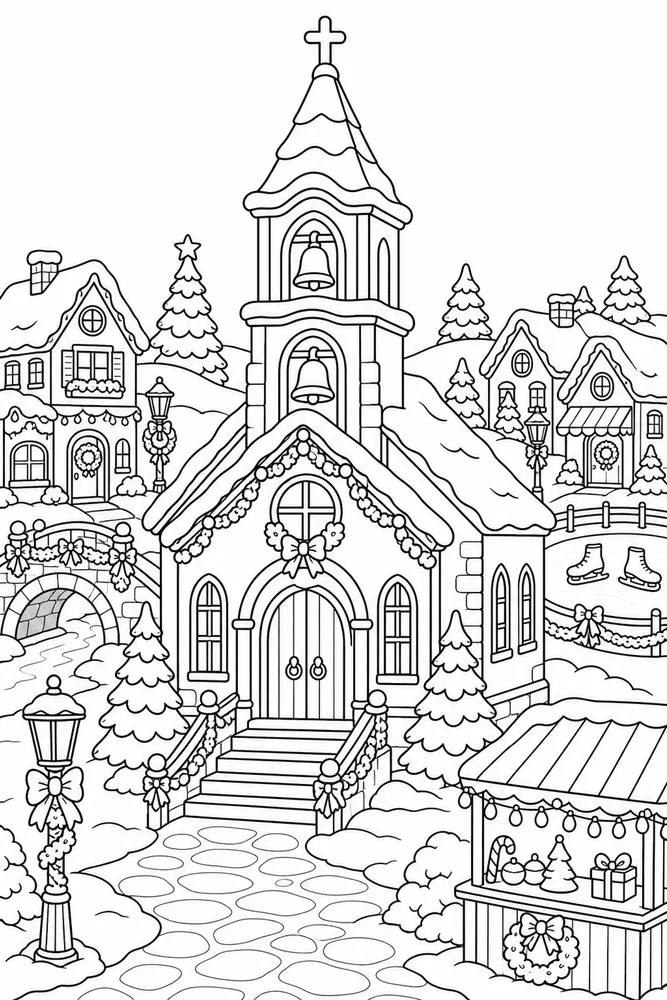 Christmas Village Village Chapel with Bells printable coloring page