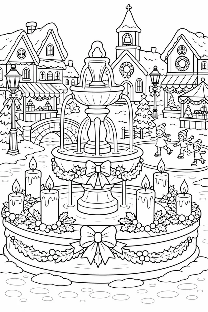Christmas Village Village Fountain with Candles printable coloring page