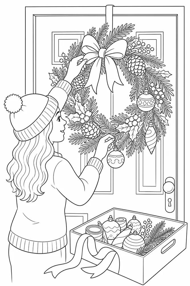 Christmas Wreath Christmas wreath activity scene coloring page