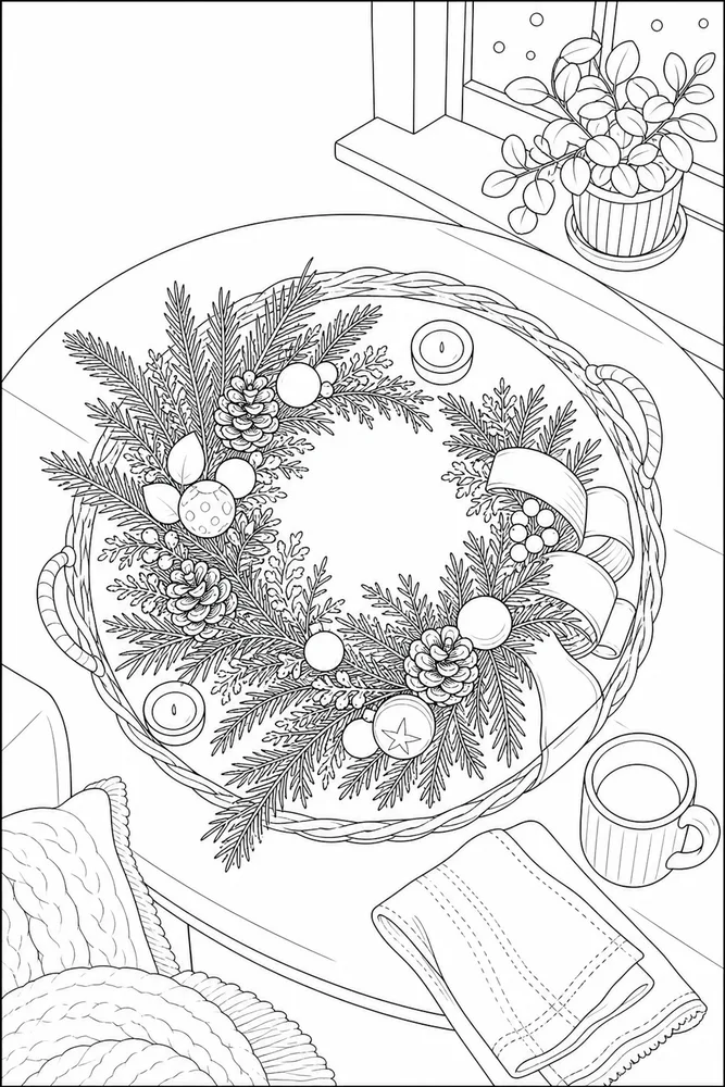 Christmas Wreath Christmas wreath cozy indoor moment coloring page