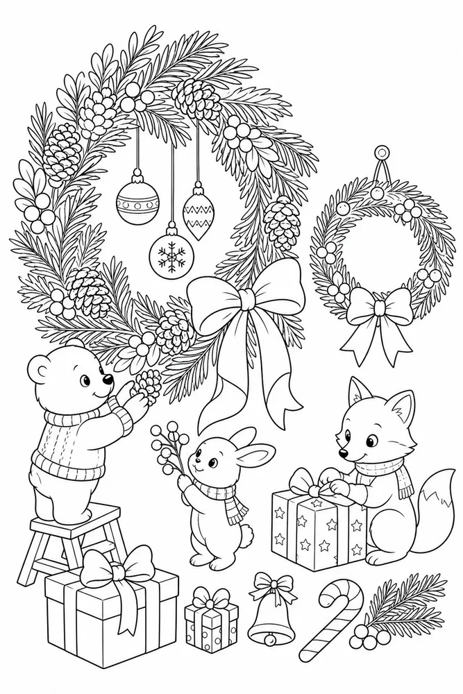Christmas Wreath Christmas wreath family scene coloring page