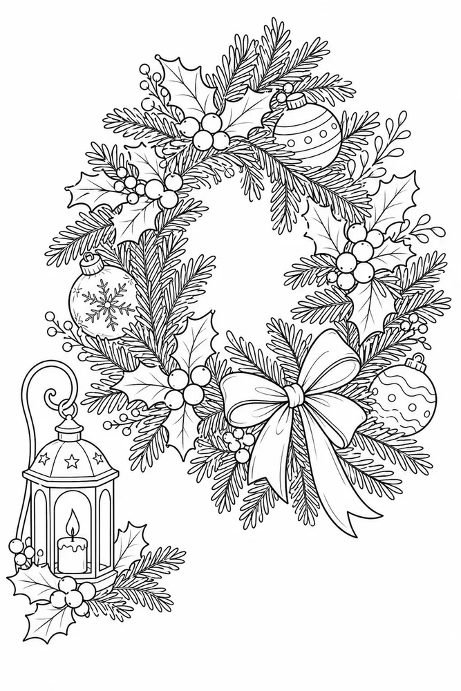 Christmas Wreath Coloring Pages preview: Christmas Wreath Christmas wreath front portrait coloring page