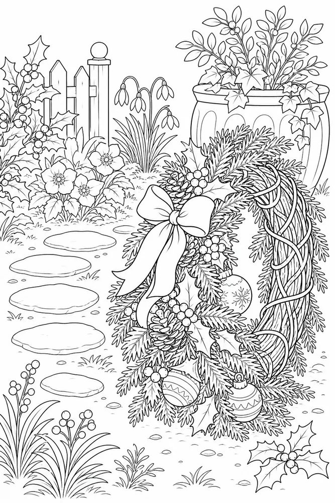 Christmas Wreath Christmas wreath garden setting coloring page