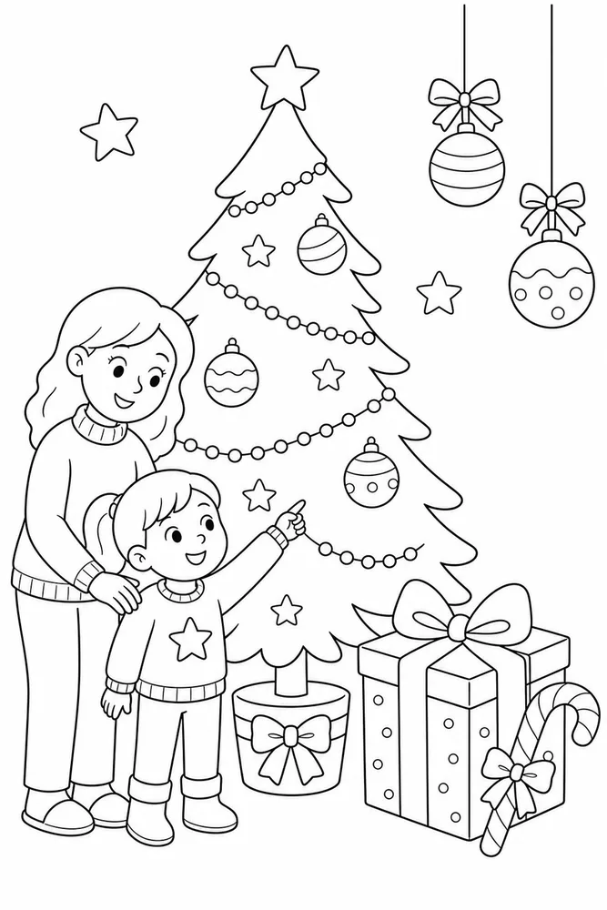 Easy Christmas Easy christmas family scene coloring page