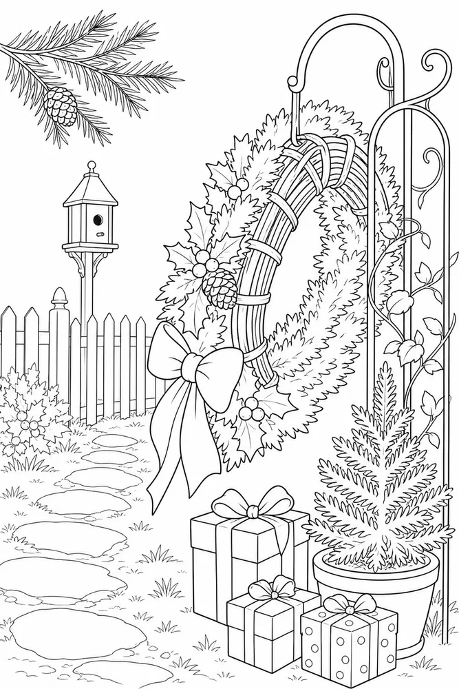 Easy Christmas Easy christmas garden setting coloring page