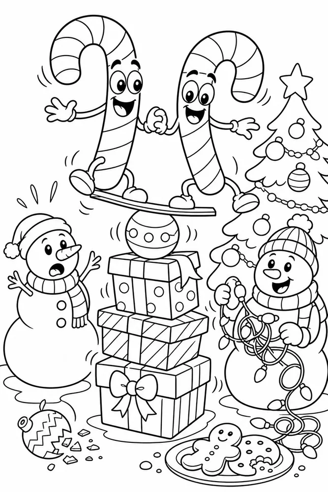 Funny Christmas Candy Cane Balancing Act printable coloring page