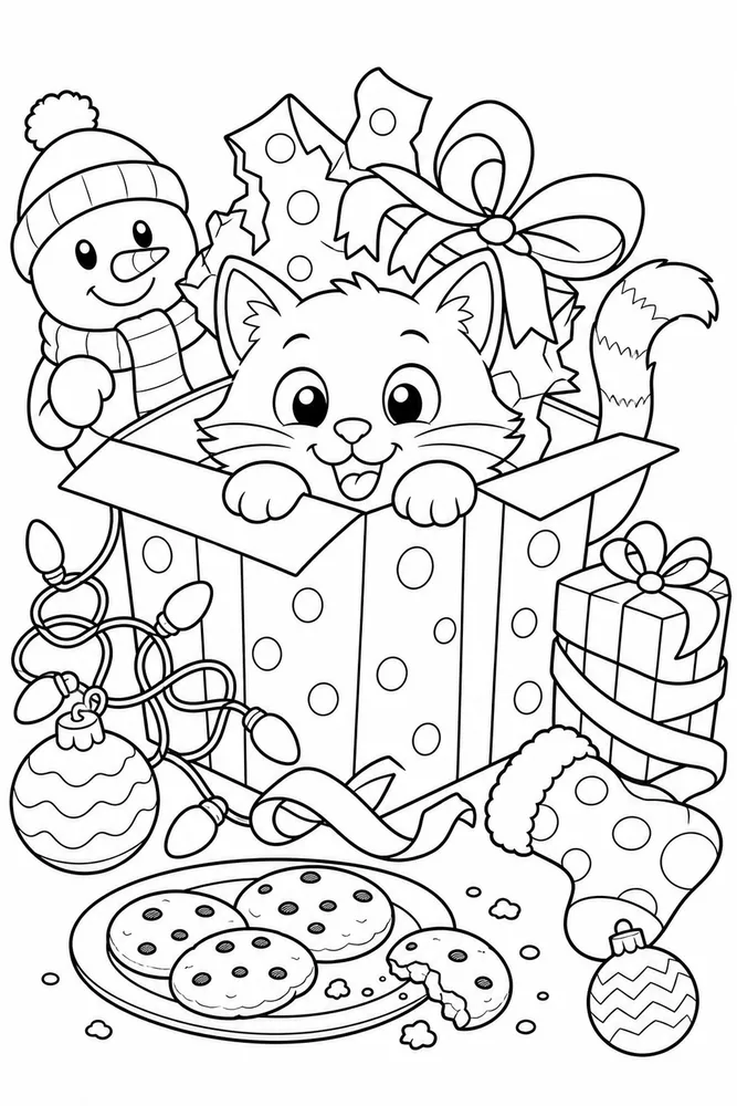 Funny Christmas Cat Hiding Inside Gift Box printable coloring page