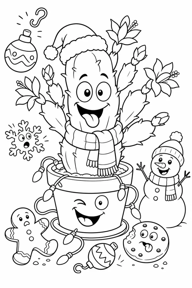 Funny Christmas Christmas Cactus Wearing Tiny Scarf printable coloring page