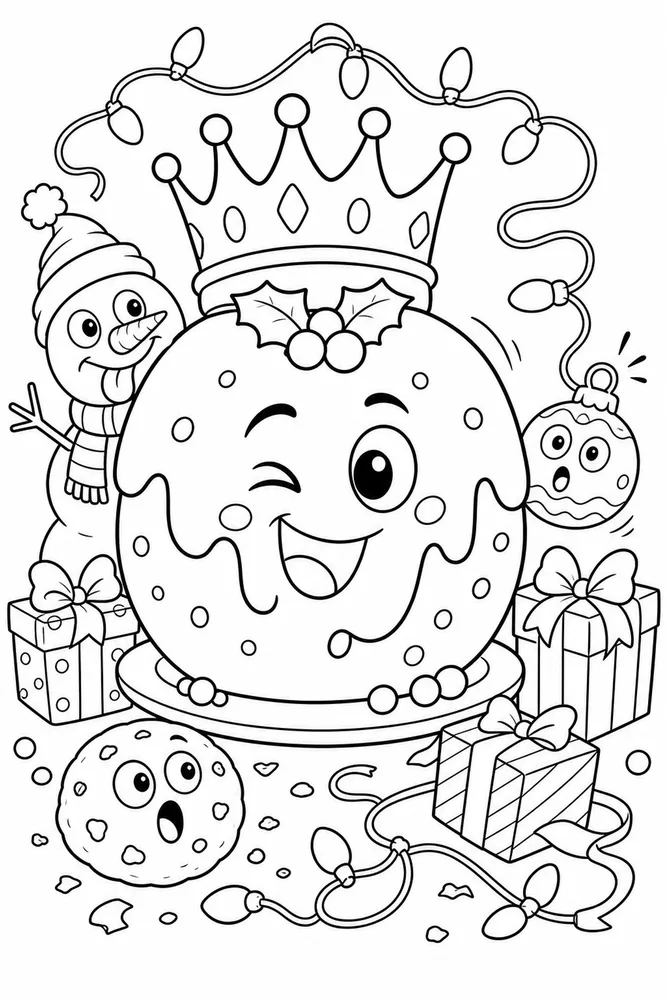 Funny Christmas Christmas Pudding Wearing Crown printable coloring page