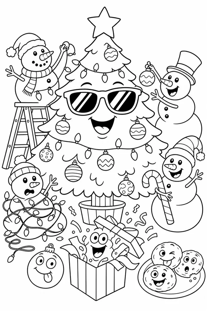Funny Christmas Christmas Tree Wearing Sunglasses printable coloring page