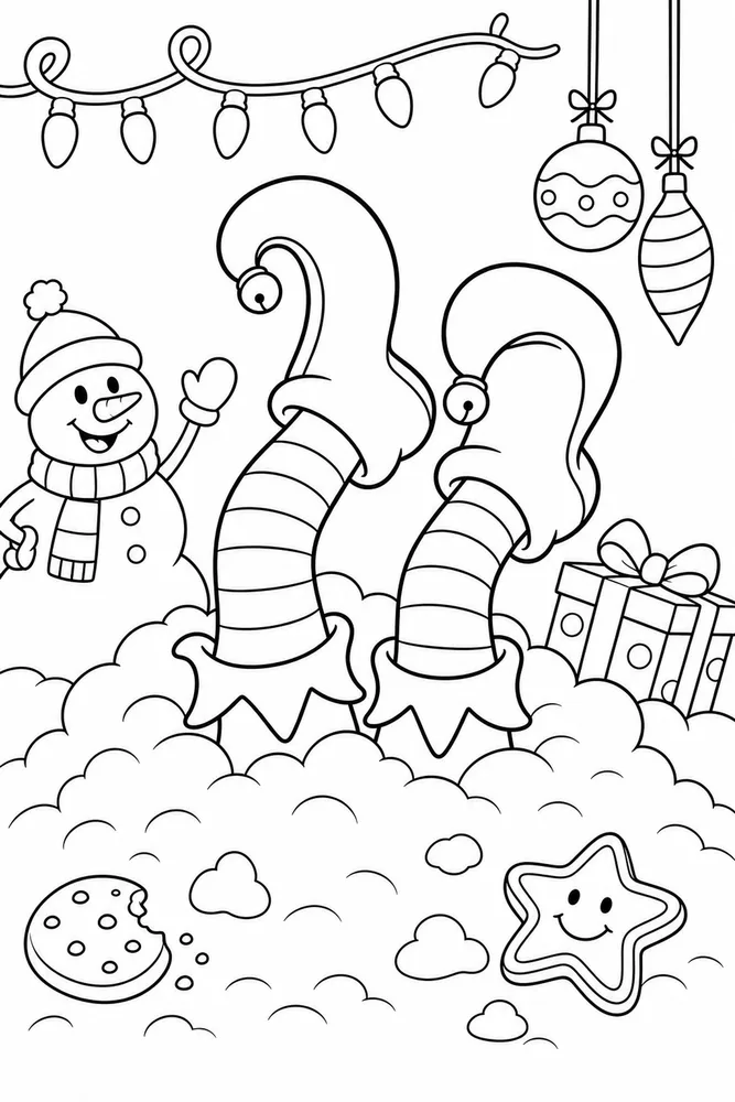 Funny Christmas Elf Boots Stuck in Snow Pile printable coloring page