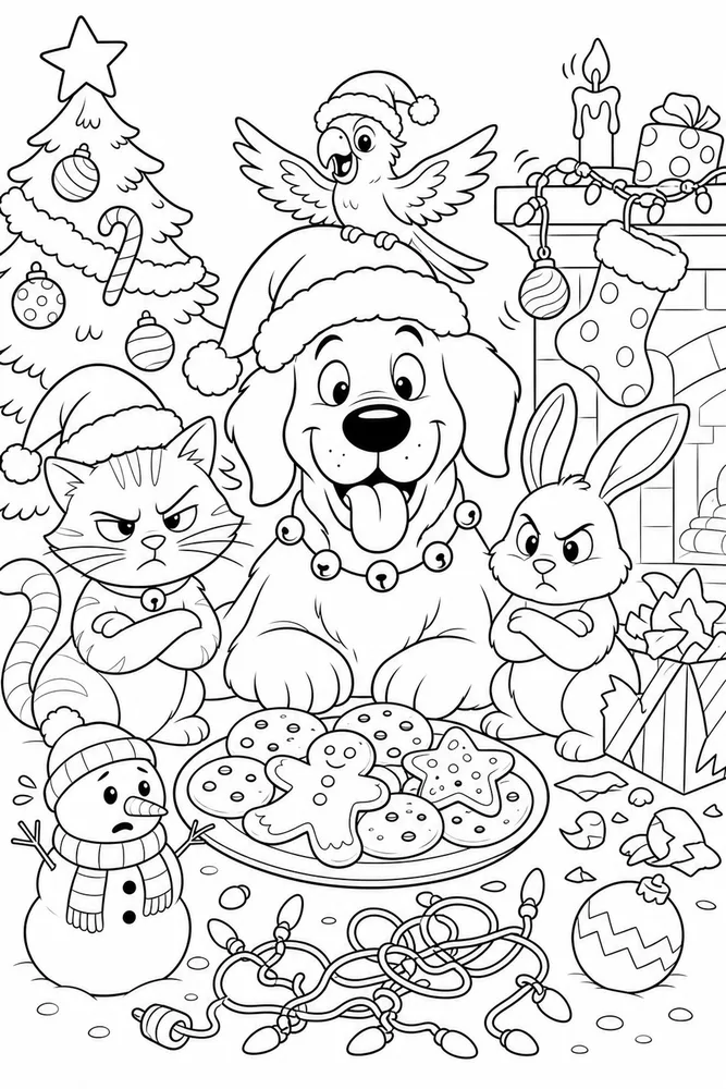 Funny Christmas Family Pets Guarding Cookie Plate printable coloring page