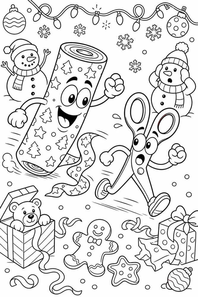 Funny Christmas Gift Wrap Roll Chasing Scissors printable coloring page