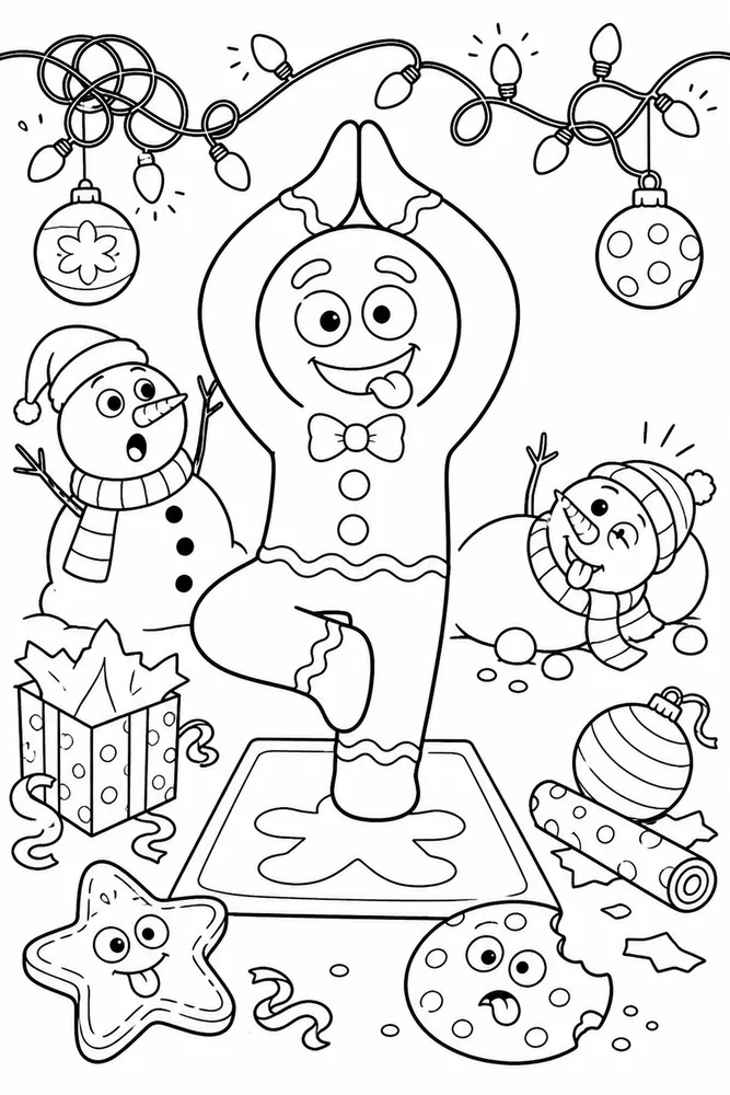 Funny Christmas Gingerbread Cookie Doing Yoga printable coloring page