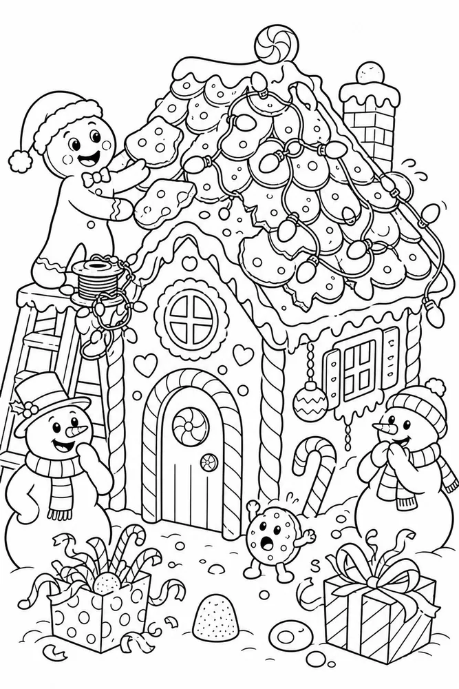 Funny Christmas Gingerbread House Roof Repair Scene printable coloring page