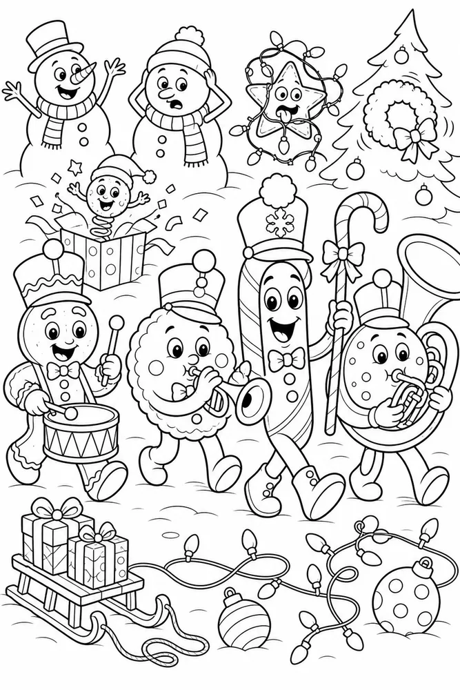 Funny Christmas Holiday Cookie Marching Band printable coloring page
