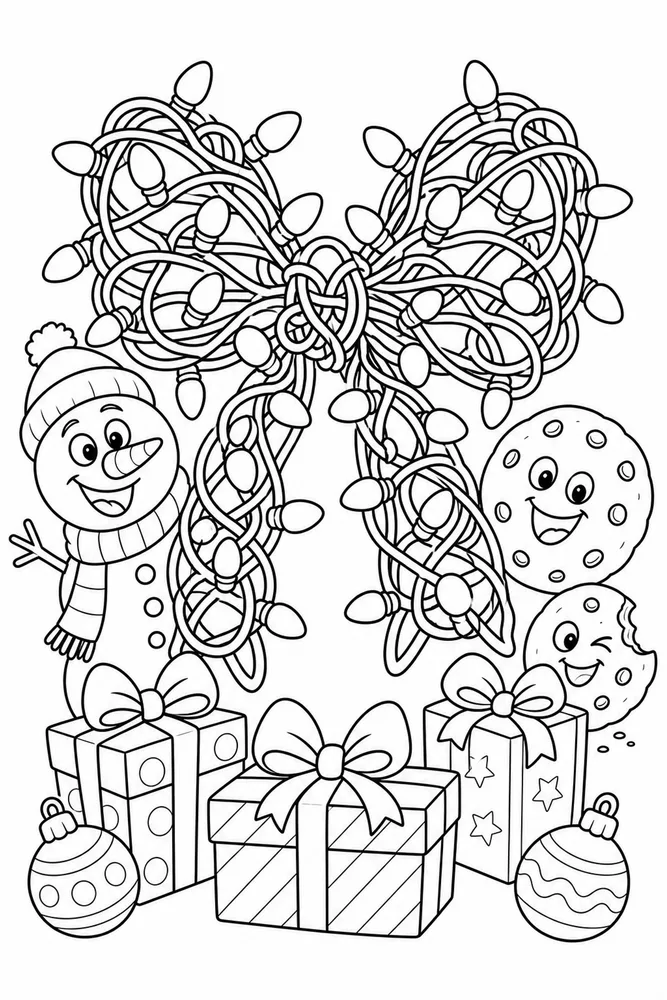 Funny Christmas Holiday Lights Tangled Into Bow printable coloring page