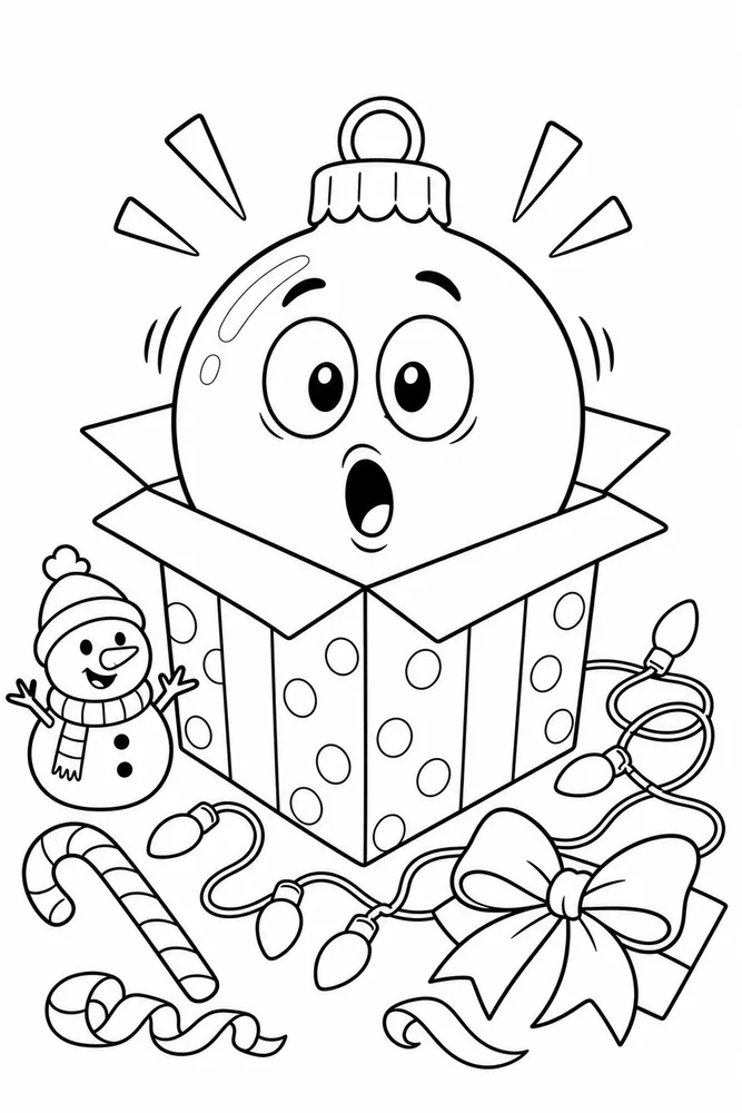 Funny Christmas Ornament with Surprised Face in Box printable coloring page