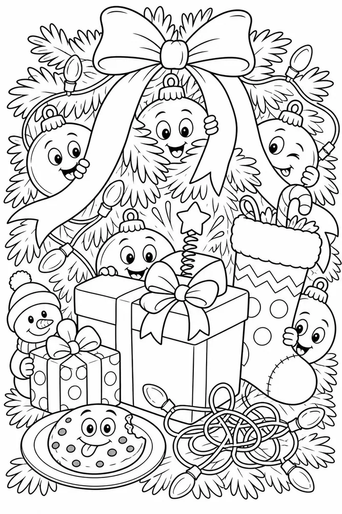 Funny Christmas Ornaments Playing Hide and Seek printable coloring page
