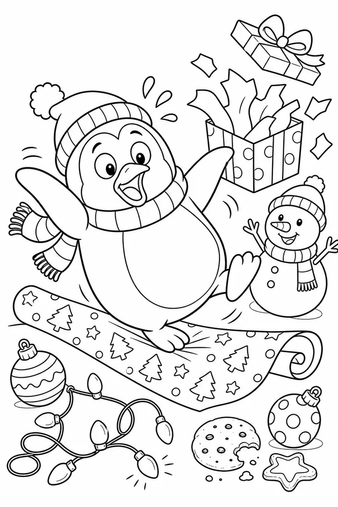Funny Christmas Penguin Slipping on Wrapping Paper printable coloring page