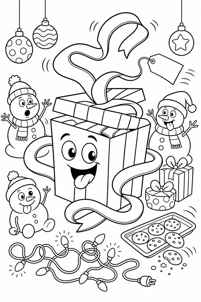 Funny Christmas Present Box with Runaway Ribbon printable coloring page