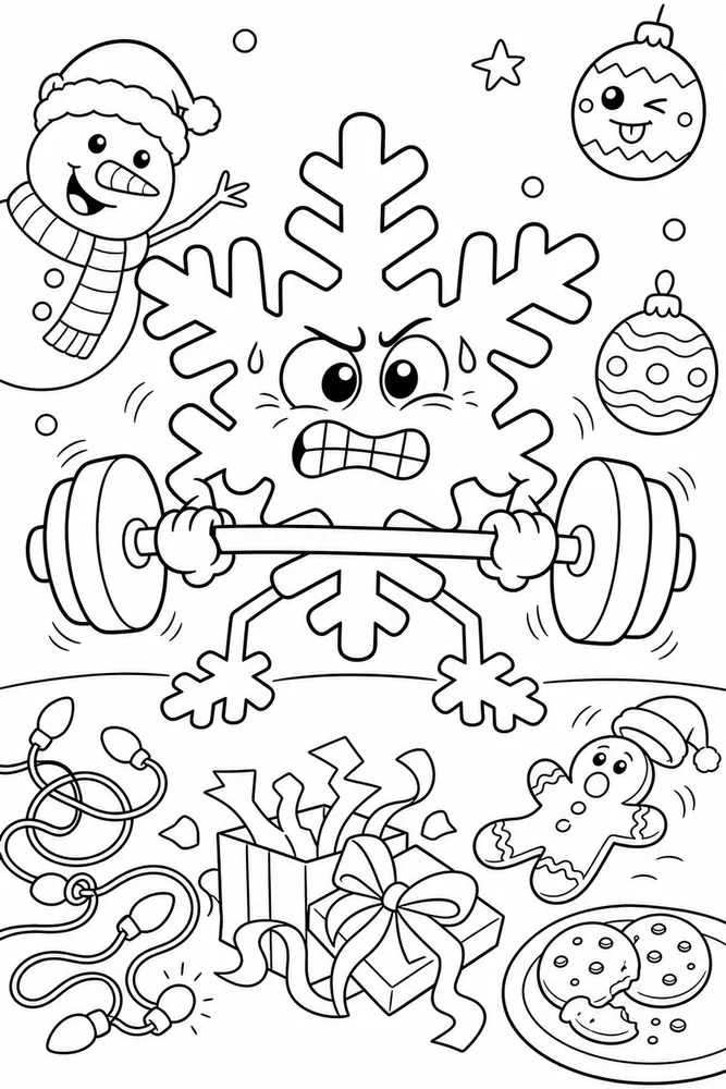 Funny Christmas Snowflake Trying To Lift Dumbbell printable coloring page