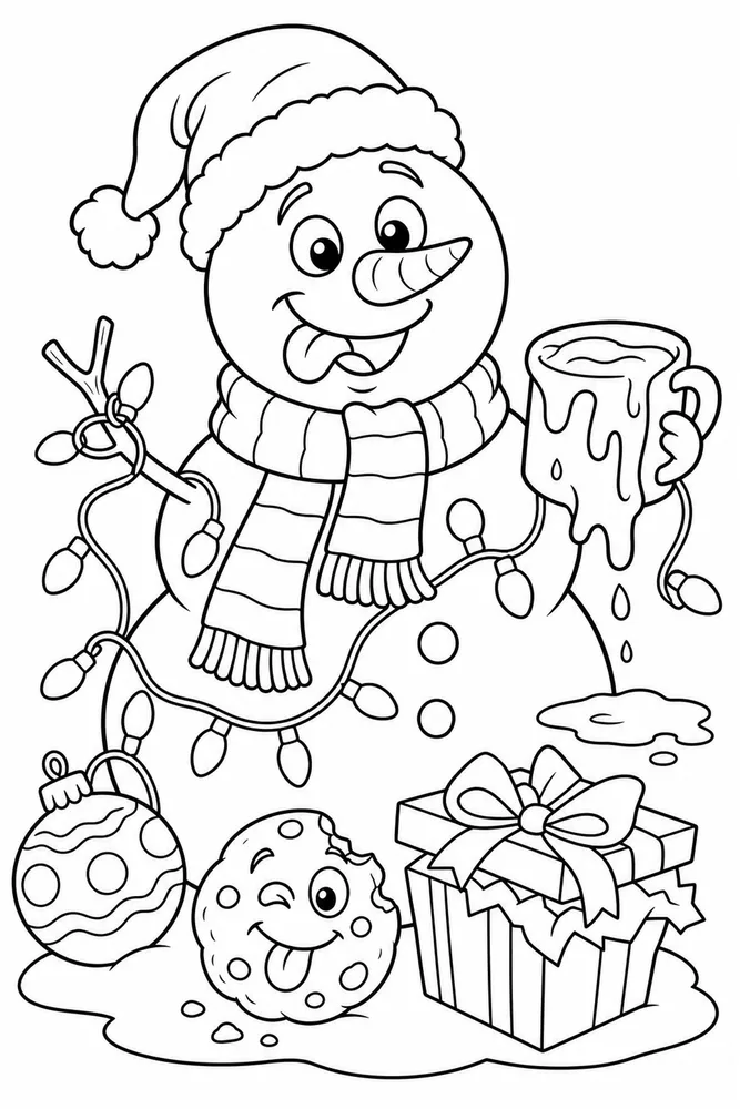 Funny Christmas Snowman Holding Melted Cocoa Mug printable coloring page