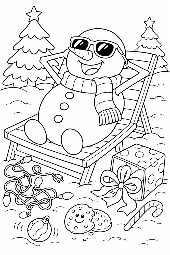 Funny Christmas Snowman Sunbathing in Winter Scarf printable coloring page