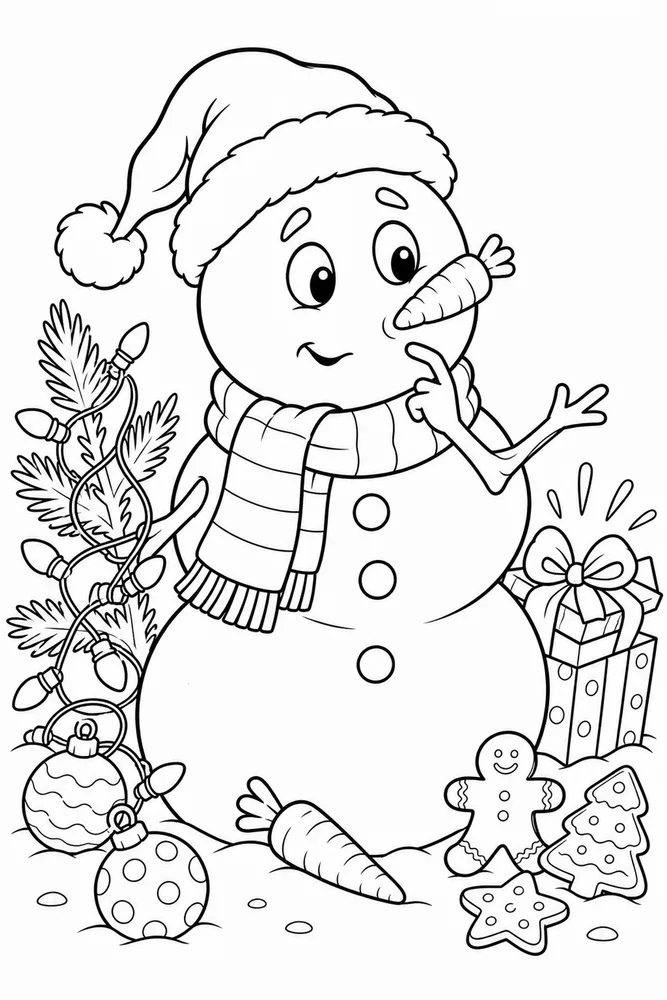 Funny Christmas Snowman with Carrot Nose Mixup printable coloring page