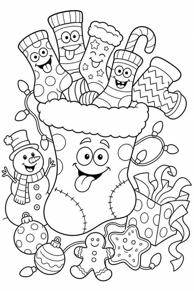 Funny Christmas Stocking Overflowing with Silly Socks printable coloring page