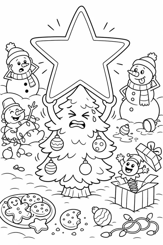 Funny Christmas Tiny Tree Carrying Giant Star printable coloring page