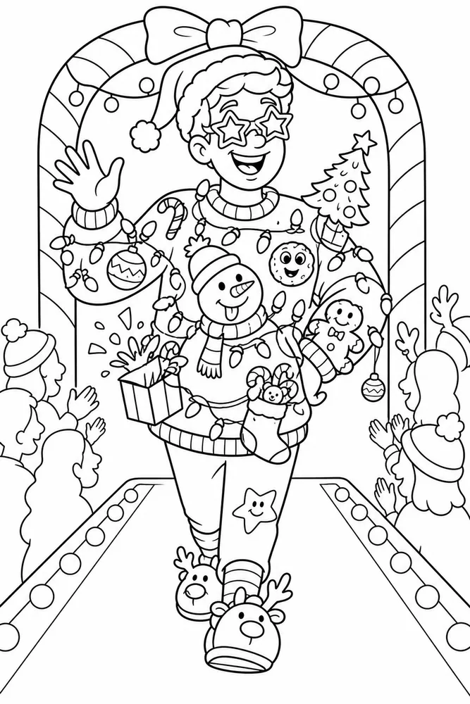 Funny Christmas Ugly Sweater Fashion Runway printable coloring page