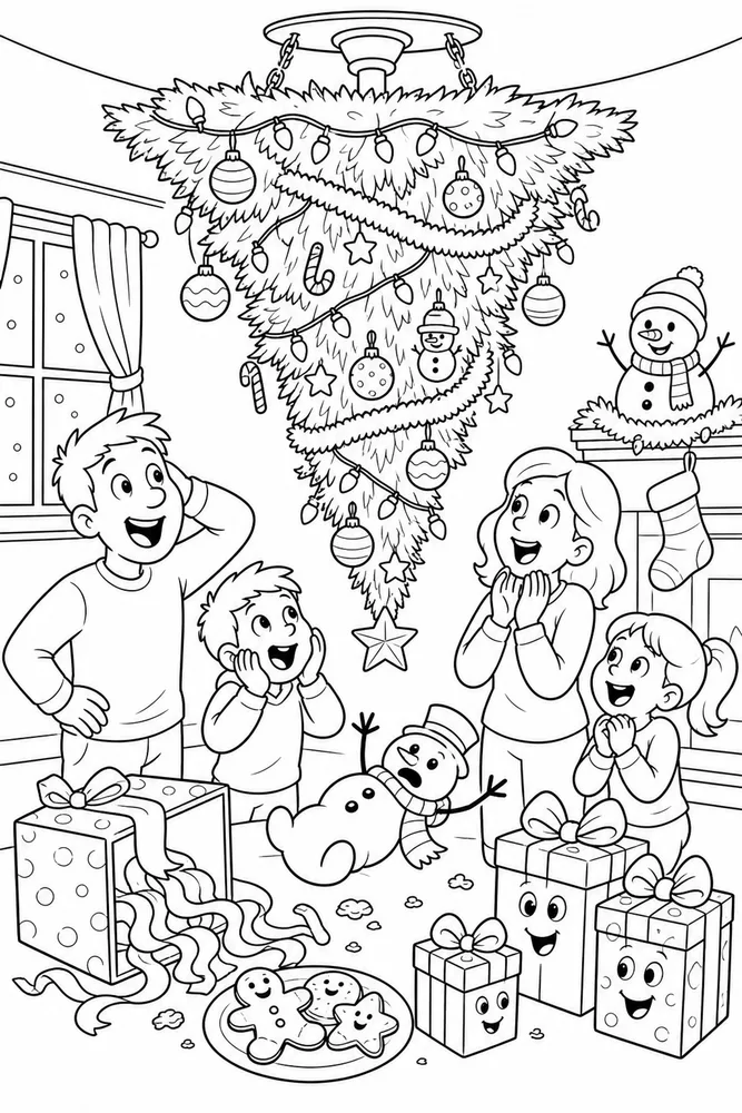 Funny Christmas Upside Down Christmas Tree Surprise printable coloring page