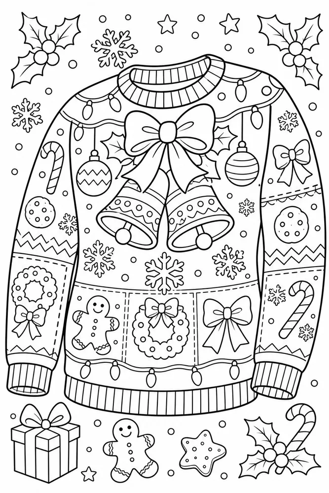 Ugly Christmas Sweater Bells and Bows Sweater printable coloring page