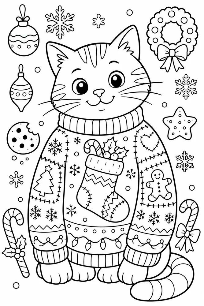 Ugly Christmas Sweater Cat in Stocking Sweater Design printable coloring page