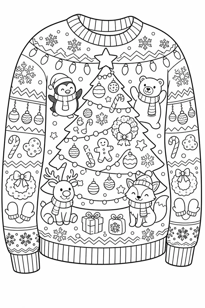 Ugly Christmas Sweater Christmas Tree Pattern Sweater printable coloring page