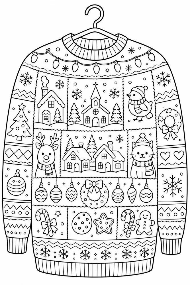 Ugly Christmas Sweater Christmas Village Sweater Pattern printable coloring page