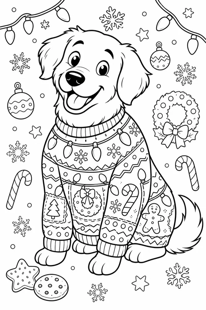 Ugly Christmas Sweater Dog with Lights Sweater Design printable coloring page