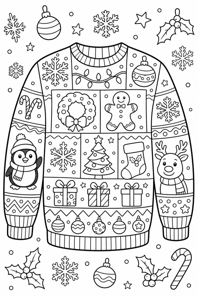 Ugly Christmas Sweater Front and Sleeve Sweater Layout printable coloring page