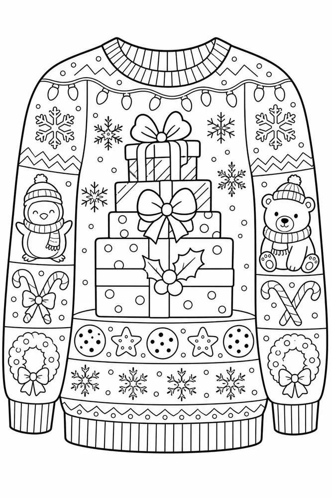 Ugly Christmas Sweater Gift Stack Sweater Design printable coloring page